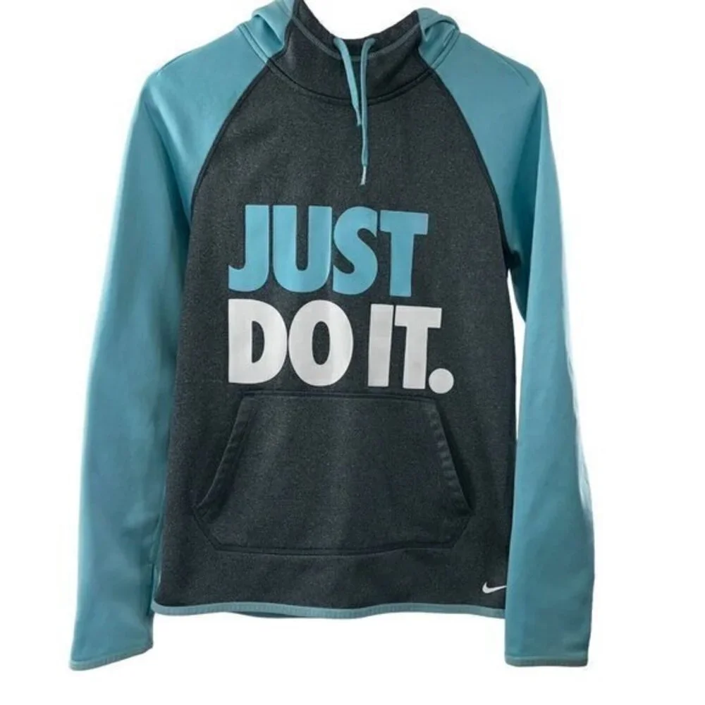 Nike Size XSmall Aqua Blue Grey Hoodie Sweatshirt Therma Fit Logo Just‎ Do It